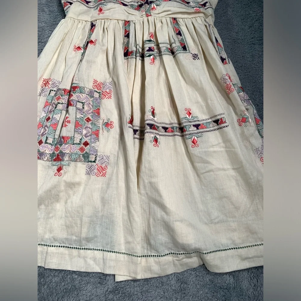Free People Cream Mini Dress with Pink & Green Embroidery